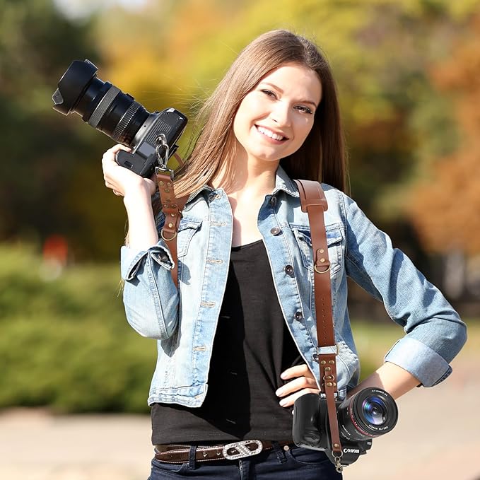 Bebaimis Dual Camera Harness Strap for Two-Cameras,Dual Shoulder Leather Camera Strap,Double Camera Harness for DSLR/SLR