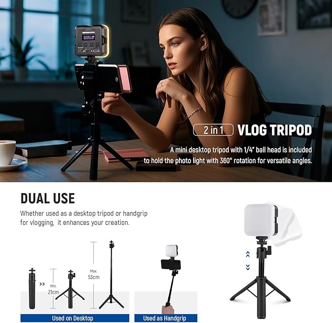 NEEWER Magnetic RGB Camera Video Light with Desk Tripod Stand & 3 Cold Shoes, Upgraded APP Control, CRI97+ 2500-8500K 2000mAh Rechargeable Photography Recording Small LED Panel Lighting, RGB62