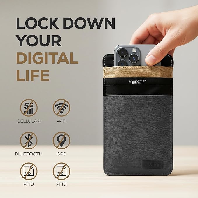 Rōnin RogueSafe™ Faraday Bag for Phone – Faraday Pouch for Phone, Blocks Cellular, Wi-Fi, GPS, Bluetooth & RFID Signals, EMP Shielded Privacy Cage with Magnetic Closure, Stylish & Durable, Slate