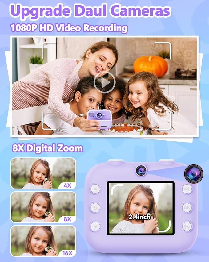 Instant Print Camera for Kids, Christmas Birthday Gifts for Girls Boys, Kids Camera Instant Print with Dual Cameras 1080P Digital Camera Toys for 4 5 6 7 8 9 10 Year Old Girl with 32GB SD Card-Purple