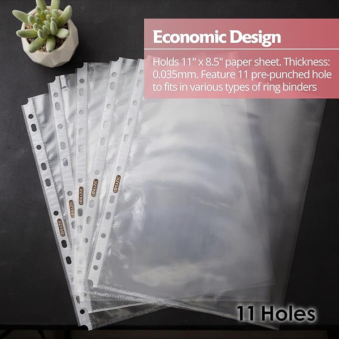 BAZIC Products Sheet Protectors Economy, Fit 8.5x11 Inch Paper, 11 Hole Clear Plastic Sleeves Ring Binder Sheets, Archival Safe (100/Pack), 1-Pack