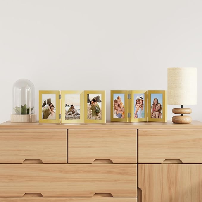 decorUhome Triple 5x7 Picture Frame Vertical, Engineered Wood Trifold Photo Frame with Plexiglass for Tabletop Display, 5x7, Gold