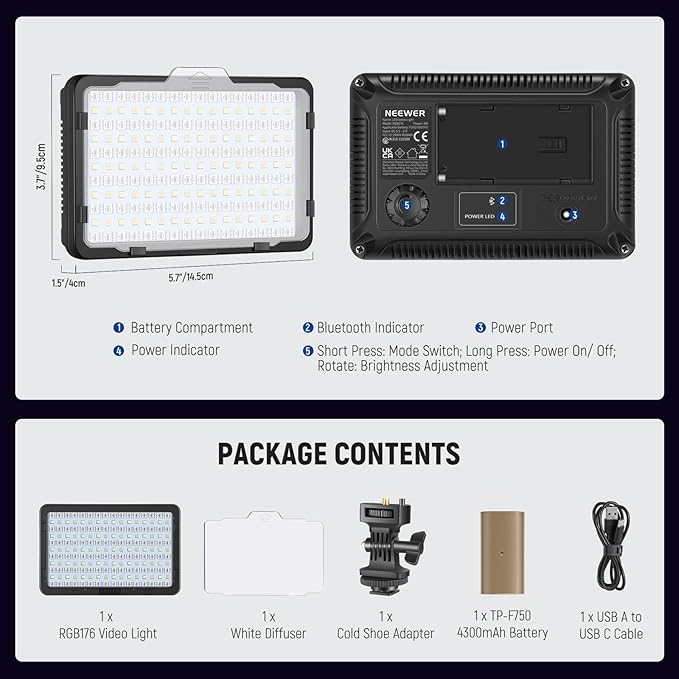 NEEWER RGB Video Light with 4000mAh NP-F750 Replacement Battery, APP Control 360° Full Color LED Camera Key Lighting CRI95+ Dimmable for Studio DSLR Camcorder Photography Recording Streaming, RGB176