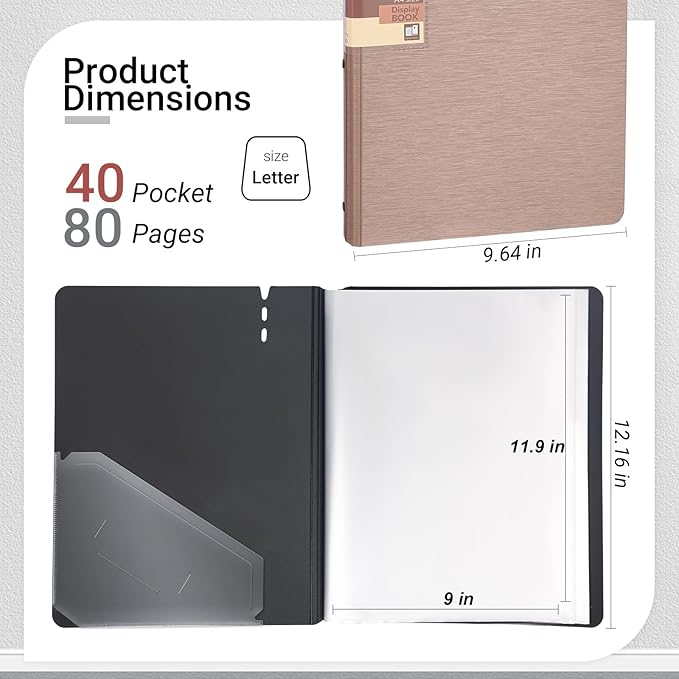 WORPSON Presentation Binder 40-Pocket, Displays 80 Pages, 9x12 inch with Plastic Sleeves, Portfolio Organizer for Documents, Certificates, Artwork, Photos, Clear Sheet Protectors (Champagne, 1 Pack)