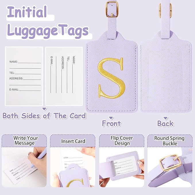 Personalized Initial Luggage Tags for Suitcases, Cute PU Leather Embroidered Letter Travel Luggage Tags, Suitcase Identifier Name Baggage Tag, Bag Tags for Men Women Kids Luggage Handbags(Purple S)