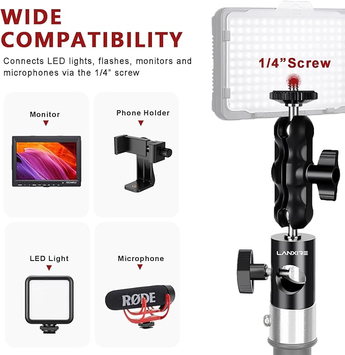 Lanxire 1/4" Screw Mount Adapter (2 Pack) with Dual Joint Tilt for C Stand Boom Arm, Mount Converter with Double Ball Head, for Flash Bracket Photography Light Stand Overhead Camera Mount, 0213