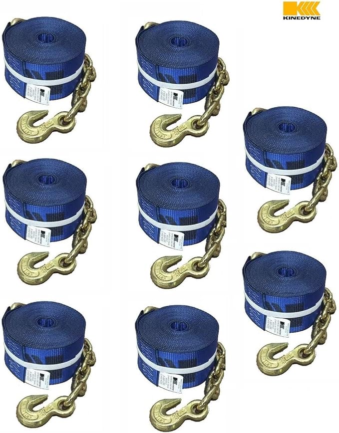 Mytee Products (8 Pack) 4" x30' Kinedyne Winch Strap w/Chain Anchor - WLL 5400 lbs Heavy Duty Blue 4 Inch Tie Down Straps w/Hook for Flatbed Trailer Truck - Cargo Control Equipment