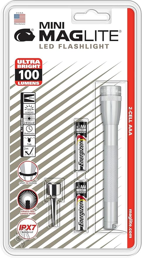 MagLite Mini LED Flashlight – Compact, Water-Resistant, Twist On/Off, 2-Cell AAA Battery-Powered – Silver