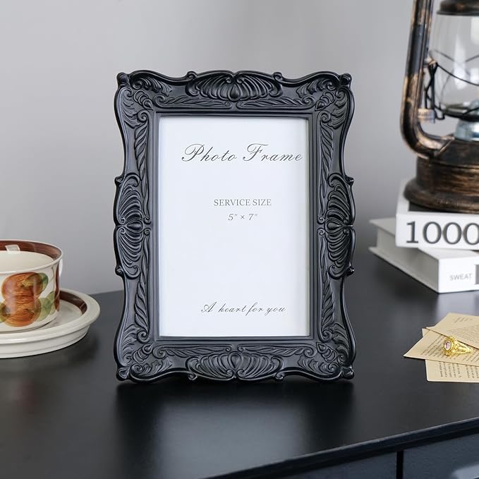 Cuspin 5x7 Black Picture Frame, Vintage Photo Frame Retro Gothic Home Decor Decorative Hand-Carved Resin with Detailed Design for Tabletop Display or Wall Hanging