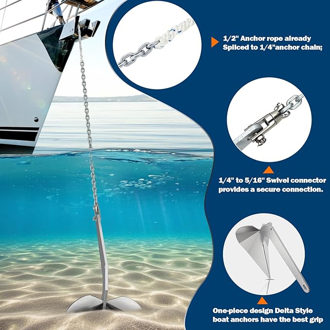 Boat Anchor Kit Galvanized Steel Delta Anchor, HT G4 Short-Link Marine Chain, 3-Strand Nylon Rope, Swivel Connector for Boat Fishing, Sailing18 20 21 22 23 24 25 26 27 28 32 35 38 FT Boats