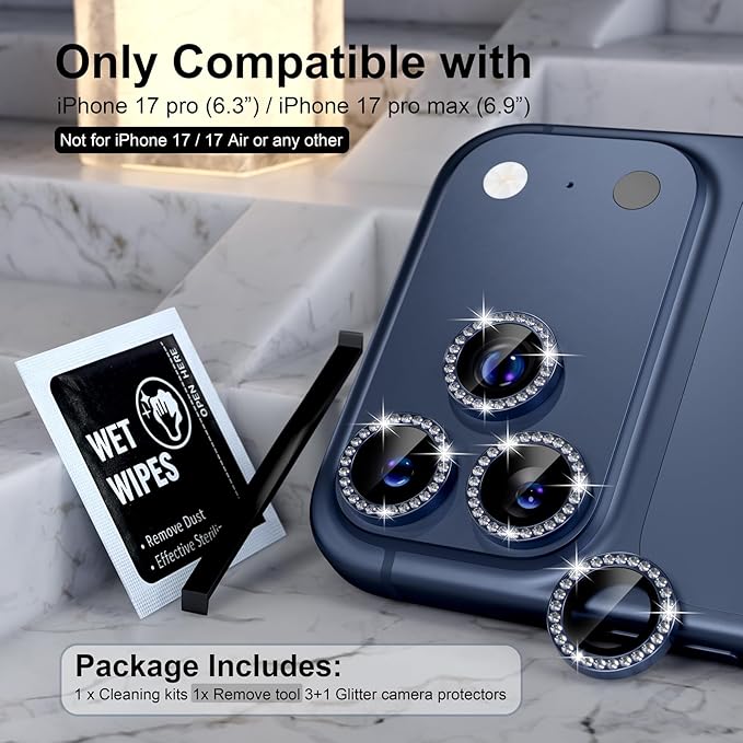 Choiche Compatible for iPhone 17 Pro/iPhone 17 Pro Max Camera Lens Protector Bling, 9H Tempered Glass Camera Cover Screen Protector Metal Ring Decoration Accessories (Diamond-Blue)