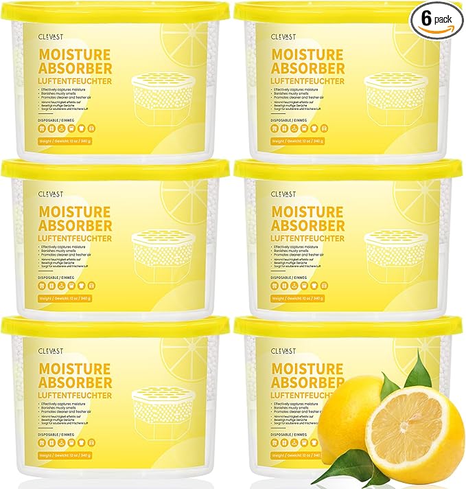 CLEVAST Moisture Absorber Boxes 6 Pack, 12 Oz Dehumidifier for Closet & Bathroom, Humidity Absorber for Wardrobe, Bedroom, RV & Car, Moisture Control, Lemon Scented
