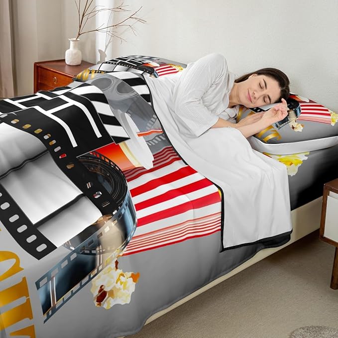 Erosebridal Movie Sheet Set King Home Theater Decor Bed Sheets Set for Boys Girls Family Vintage Cinema Style Sheets Movie Theater Fitted Flat Sheet Clapboard Popcorn Filmstrip Print Bedding Sets