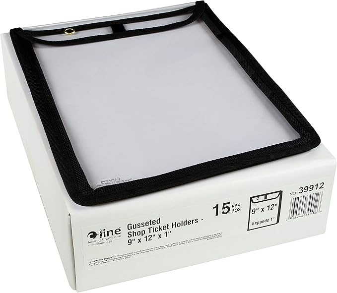 C-Line High Capacity Stitched Shop Ticket Holders, Gusseted with Flap Closure, Both Sides Clear, 9 x 12 x 1, Black, 15 per Box (39912)