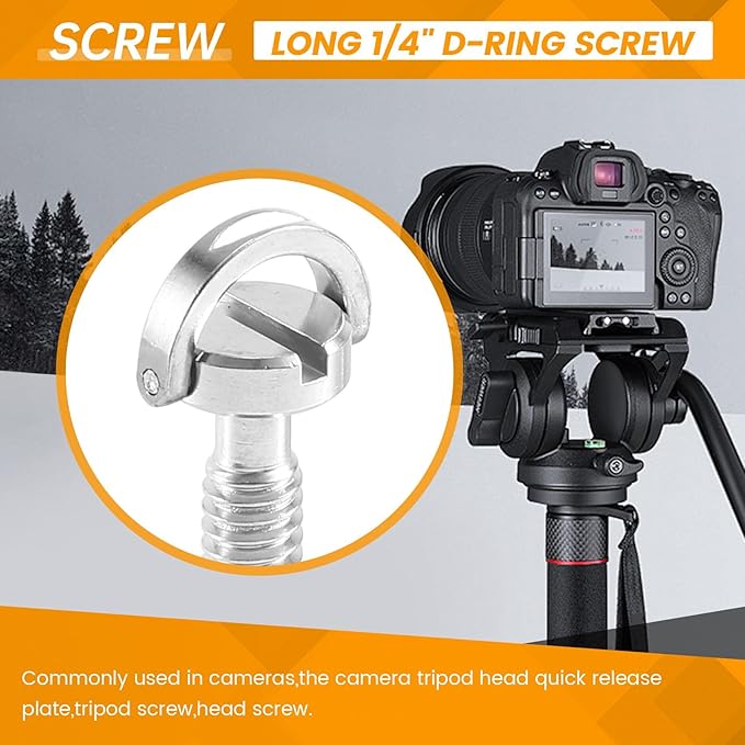 Long 1/4"" D-Ring Screw Stainless Steel for Camera Tripod Quick Release Plate Silver, 068401