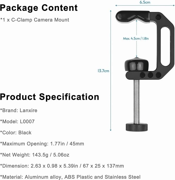 C Clamp Camera Mount with 1/4’’ and 3/8’’ Threaded Holes - 4.5cm Jaw Opening - Max Load 2kg