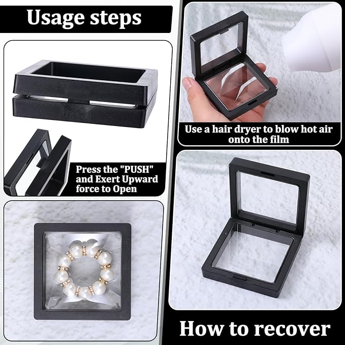 Prasacco 60 Pcs Floating Display Case,Coin Frame Displays Holder Stands Black 3D Floating Display Case for Challenge Coin Rock Pin Shells Specimen Jewelry(2.75×2.75×0.8 Inches)