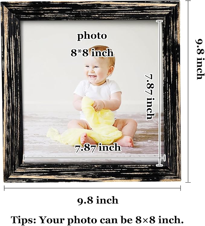 8 x 8 Picture Frame Rustic Wooden Black Square Photo Frame with Real Glass Solid Wood Horizontal & Vertical for Wall Mounting or Tabletop Display Gift Family Farmhouse Office Wedding Gallery Home Decor