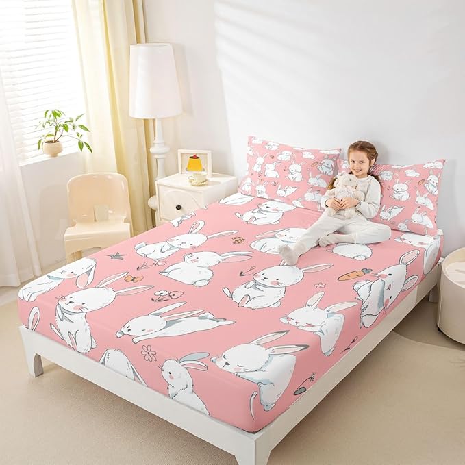 Erosebridal Cute Rabbit Sheet Set Cartoon Bunny Rabbit Pink Fitted Sheet Groovy Flowers Print Bed Sheets Easter Decor Flat Sheet for Kids Boys Girls Queen Size with 2 Pillowcases