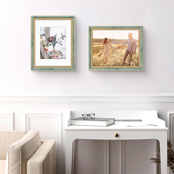 Golden State Art,11x14 Ornate Picture Frame for 8x10 Photo with Mat or 11 x 14 Prints Without Mat, Real Glass Wall Display Horizontally or Vertically (Color:Distressed Blue Gold)