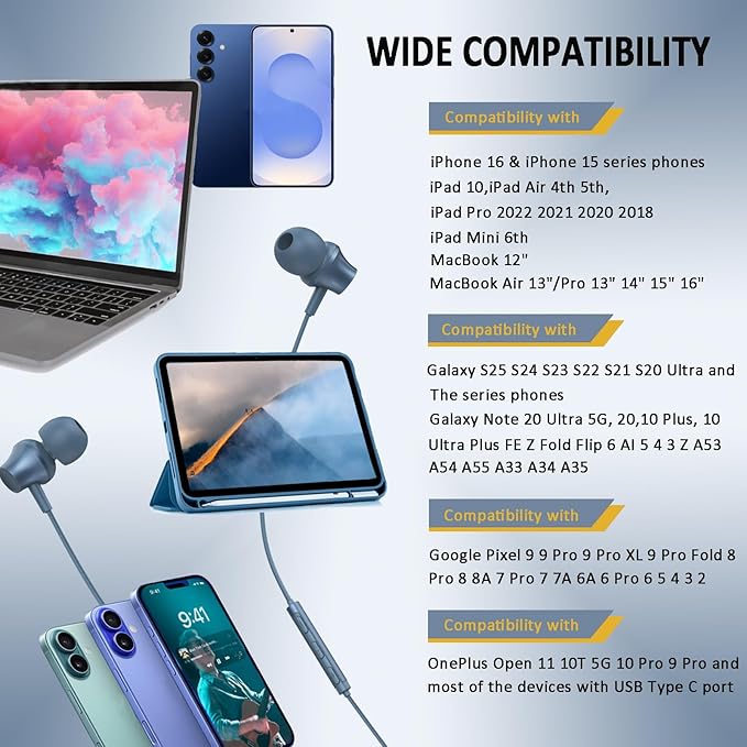 Wired Earbuds USB C Port in-Ear Earphones Braided Cord with Built-in Mic Ear Buds Wired Compatible for iPhone 15/16/17, iPad Galaxy Android and Most USB Type C Devices Blue