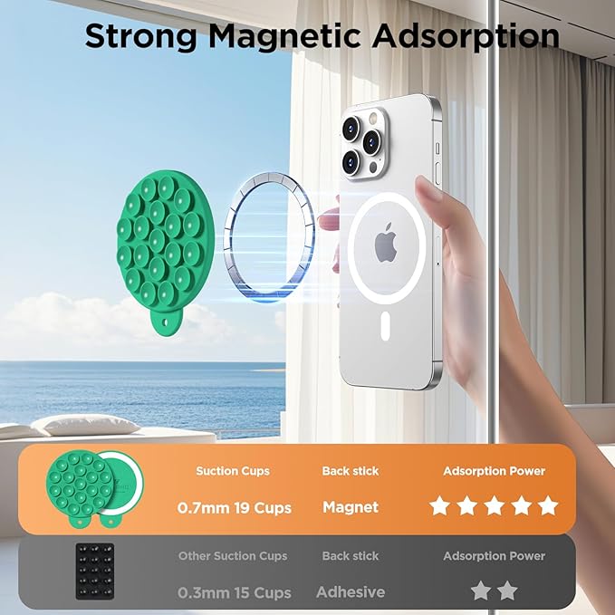 Magnetic Suction Cup Phone Mount, Compatible with MagSafe, Silicone Octo Cup Buddy Sticky Grip Holder for iPhone and Android, Removable Hands-Free Selfie/Video for TikTok, Emerald Green