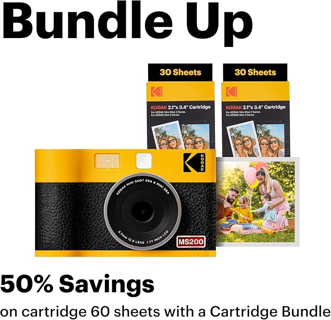 KODAK Mini Shot 2 ERA 4PASS 2-in-1 Instant Camera and Photo Printer (Yellow, Camera + Initial 8 Sheets + 60 Sheets)