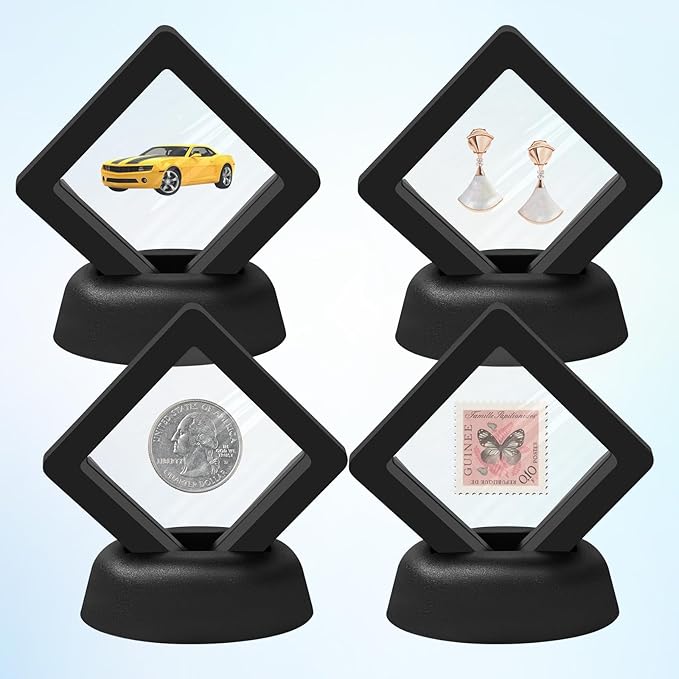 30PACK 3D Floating Frame Display Holder Stands PE Film Jewelry Storage Box Transparent Displays Cases for Medallion Challenge Coin Fossils Rocks,1.99 x 1.99 x 0.8 Inch