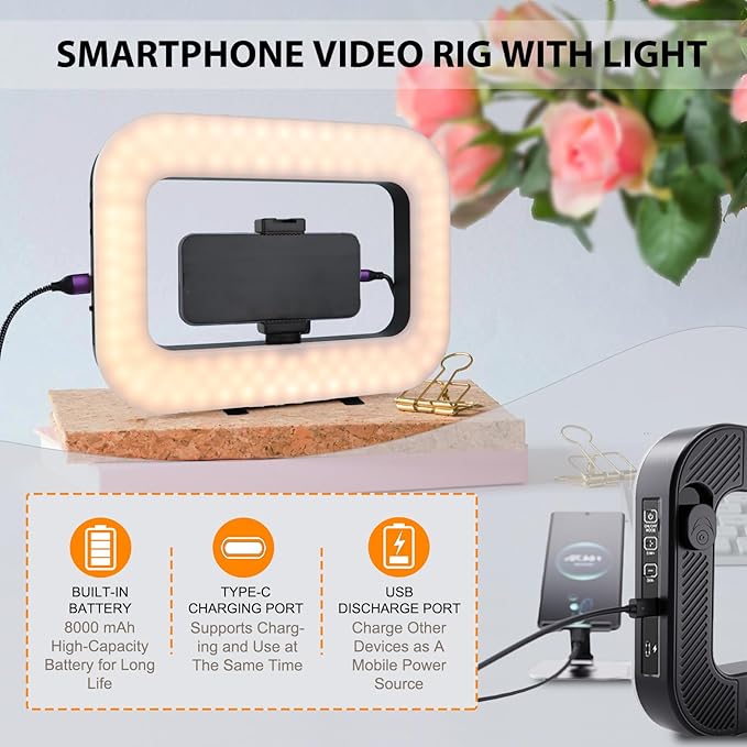 Phone Ring Light for Video Recording, Smartphone Video Rig with Light, 8000mAh RGB Portable LED Selfie Kit for Camera, TikTok, YouTube, Makeup, Vlogging