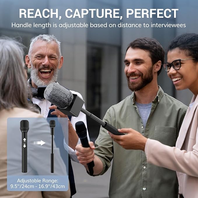 TONOR Wireless Mic Handle Compatible with DJI, RODE, Hollyland, Adjustable length Microphone Stand for ALL Lavalier Mic, Channel Flag Box, Rubber Grip, Wind Muff for Vlog, Reports, Interview, TP40