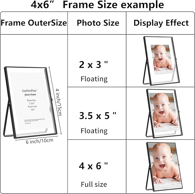 Black 4x6'' Floating Picture Frame Set of 2,For Photo Sizes (2x3'',3.5x5''),Beautiful Metal Beaded Edge Frames Adjustable Tabletop/Shelf Photo Frame,Classy Gift Choice for Wedding