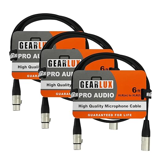 Gearlux XLR Microphone Cable, Fully Balanced, Male to Female, 6 Feet - 3 Pack