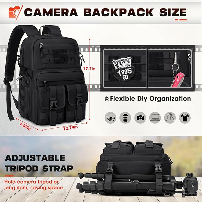 RAINSMORE Camera Bag Backpack for DSLR/SLR/Mirrorless Camera Bags for Photographers 15.6 Inch Waterproof Tactical Photography Backpack Case with Rain Cover & Tripod Holder, Black