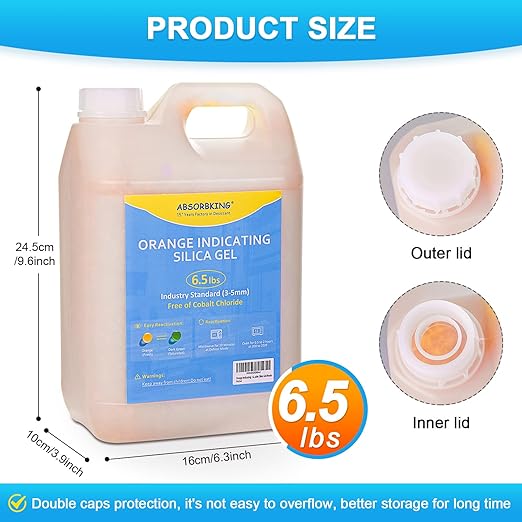 Desiccant Beads – 6.5 LBS Silica Beads with Orange Indicating Silica Gel, Premium Silica Gel Beads 3-5mm Industry Standard, Rechargeable Desiccant Used for 3D Filament, Electronic Tool, Safe