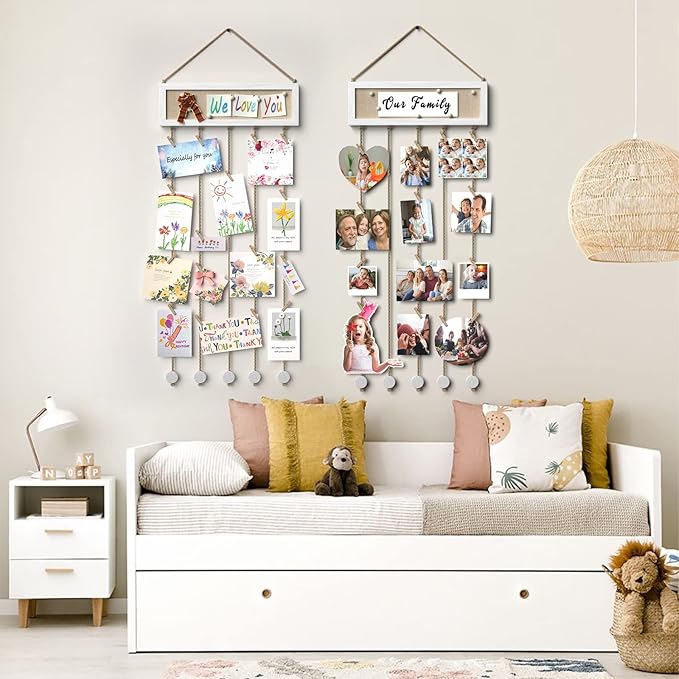 Bikoney Collage Picture Frames Hanging Photo Display Multi Pictures Organizer with Wood Bulletin Board Photo Board 30 Clips and 6 Pushpins for Room Wall Decor (White)