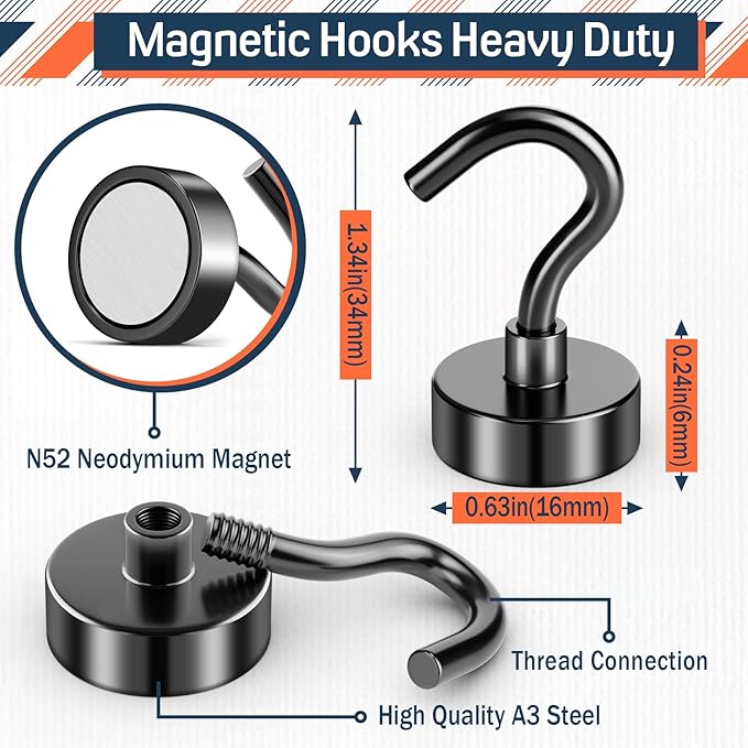 FINDMAG 10 Pack Black Magnetic Hooks, 30lbs Neodymium Magnet Hooks for Hanging, Strong Magnetic Hooks Magnet with Hooks for Home, Kitchen, Office, Warehouse, School