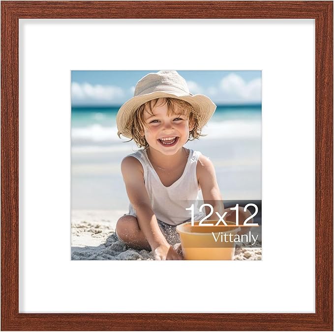 Vittanly 12x12 Picture Frame, Made of Solid Wood and Shatterproof Plexiglass, Display Pictures 8x8 with Mat or 12x12 without Mat, Wooden Photo Frame for Wall Mounting, Brown, 1 Pack
