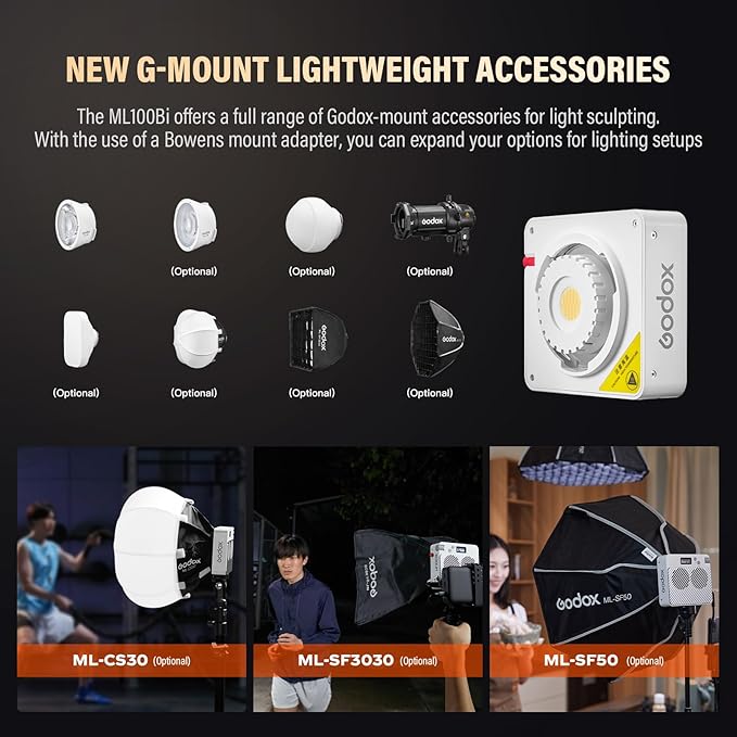 Godox ML100Bi Bi-Color LED Video Light, godox Mount COB LED Video Light 34300 Lux CRI 97+/TLCI 98+ 2800K-6500K 11 FX Effects for Filming Live Streaming Studio Photography