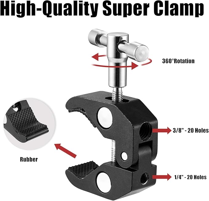WANBY Double Ballhead Magic Arm Camera Clamp Mount Monitor Mount Bracket with Super Clamp with 1/4" and 3/8" Thread for DSLR Camera Rig, LCD Monitor, LED Flash Lights