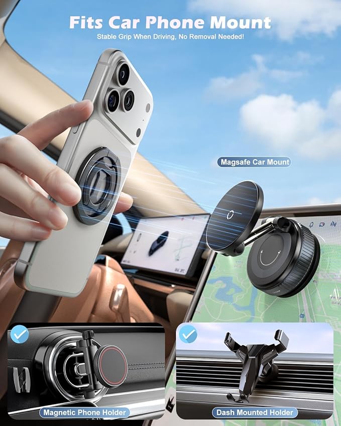 CloudValley for Magsafe Phone Grip Holder - Adjustable Dual-Sided Magnetic Finger Ring Stand 4-in-1, Compatible with iPhone 17/16-12 & MagSafe Car Mounts, Black
