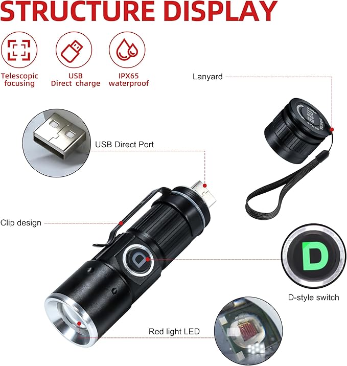 DARKDAWN Redlight Flashlight Rechargeable USB, LED Mini Red Light Flashlights Focus Adjustable, Flash Light Portable with Pocket Clip for Fishing, Beekeeping, Hunting, Night Astrophotography