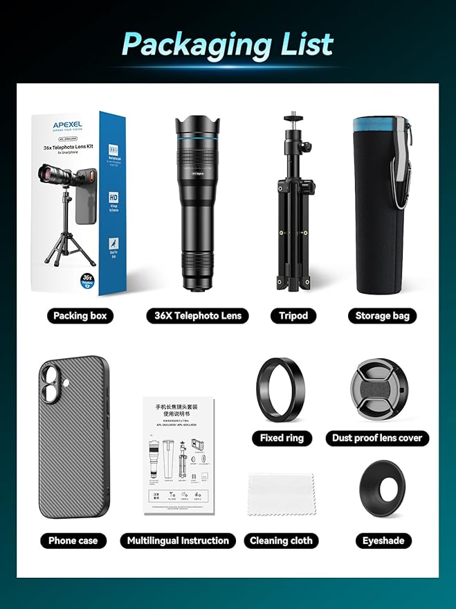 APEXEL 36x Telephoto Lens Compatible with iPhone 17 | Photography for Travel, Birdwatching, Exploration | Kit with Sturdy Metal Tripod and Threaded Phone Case