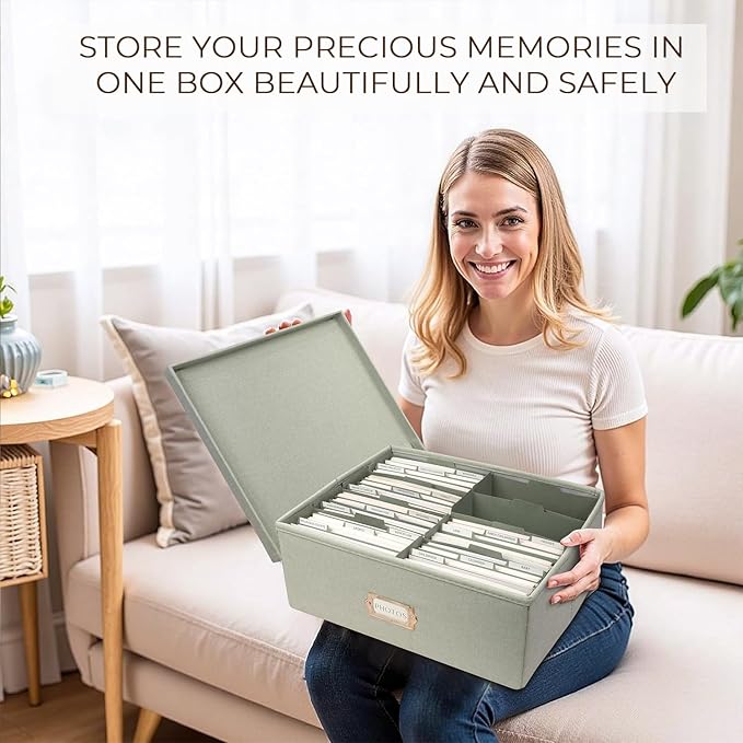 kroucoco Linen Photo Storage Box,Decorative Photo Organizer with Dividers Can Hold 1700 Photos(4x6) and Pictures,Photo Storage Containers with Lid for Cards,Stickers,Scrapbooks,Stamps,Keepsake