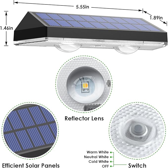 Solar Fence Lights - 2PK Solar Outdoor Light Warm White/Daylight White/Cold White 3 Modes Deck Lights for Outside, Deck Fences, Stair Railings, Pools and Walls