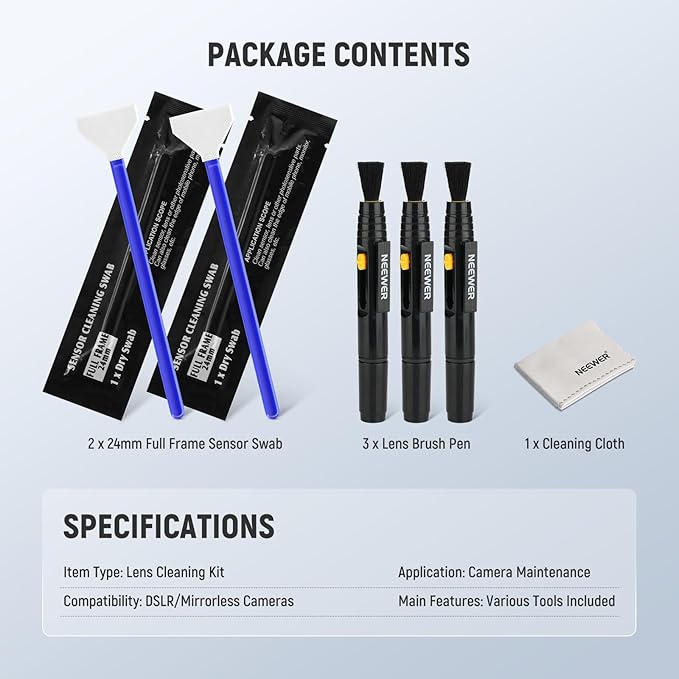 NEEWER 6 in 1 Camera Lens Cleaning Kit for Electronics, Phones, Tablets, 3X Double Head Lens Brush Pen + 2X 24mm Full Frame Sensor Swab + 1x Cleaning Cloth, HM-48