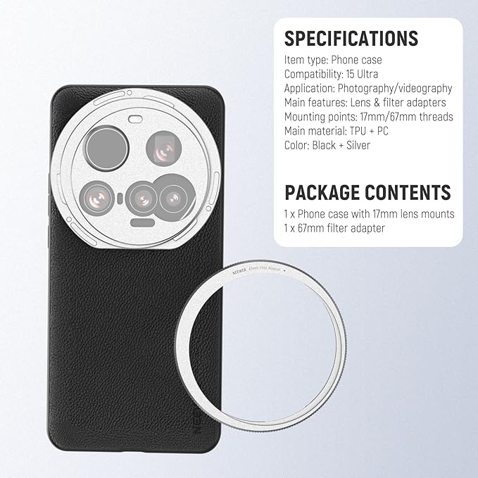 NEEWER 15 Ultra Case, Protective Phone Case Compatible with Xiaomi 15 Ultra, Heavy Duty TPU + PC Faux Leather with 17mm Lens Mounts & 67mm Filter Adapter for Wireless Charging, PA101 Black + Silver