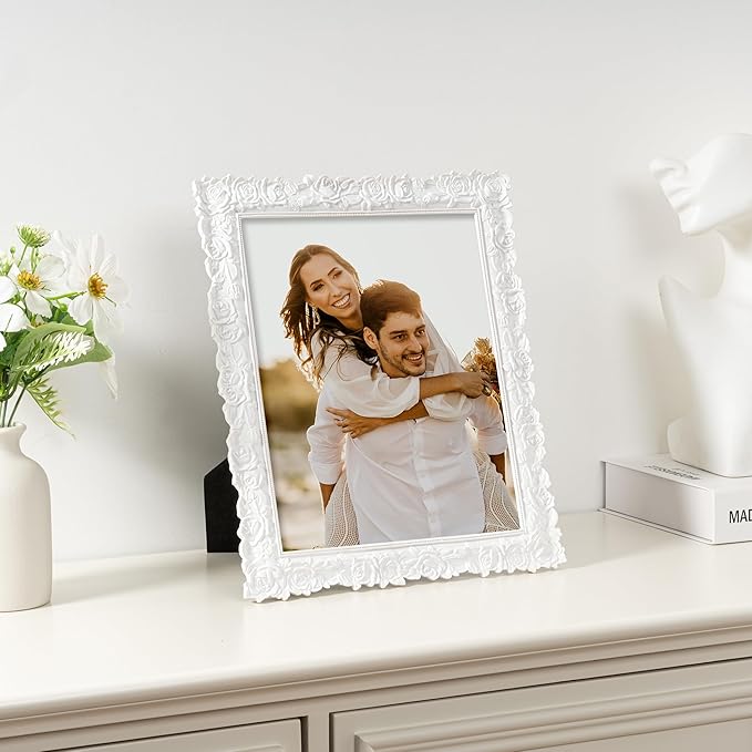 Axeman 8x10 Vintage Picture Frame | Antique 8 x 10 Picture Frame with Real Glass | Ornate Rose Frames 8x10 for Wall & Tabletop Display | Retro White 8 x 10 Frame - White