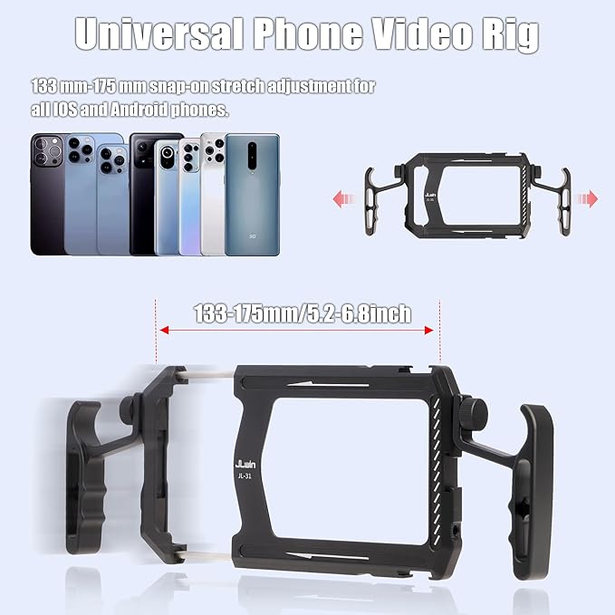 FocusFoto Metal Smartphone Video Rig with Dual Handle Grips, Aluminum Alloy Camera Case Stabilizer for iPhone Mobile Phone Vlogging Professional Videomaker