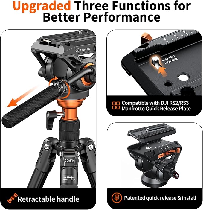 COMAN 73" Camera Tripod with Fluid Head, Lightweight Portable Tripod for Camera with Detachable Monopod Aluminium Alloy and QR Plate for DJI Canon Nikon Sony DSLR Camera Black Max Load 22.04lb(FF06S)