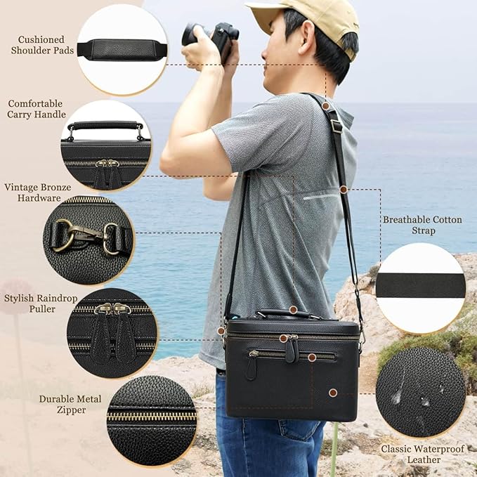 Divvia Camera Sling Bag, Waterproof PU Leather Crossbody Camera Case for Photographers, Small Shoulder Bag Compatible for Canon Nikon Sony (Black)